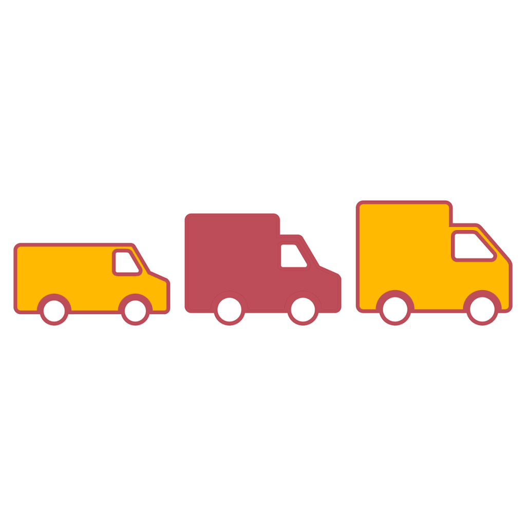 Three simple line-drawn icons, in the Here4 Insurance brand colours of yellow and red, depicting a transporter style van, a small truck and a larger truck - the vehicles present Motor Fleet Insurance.